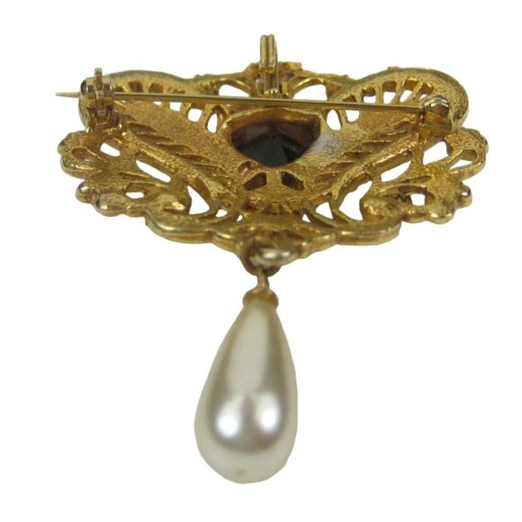 Statement Brooch 2.7 in Dangle Imitation Pearl Pin Goldtone Pendant Rhinestones - Picture 5 of 7